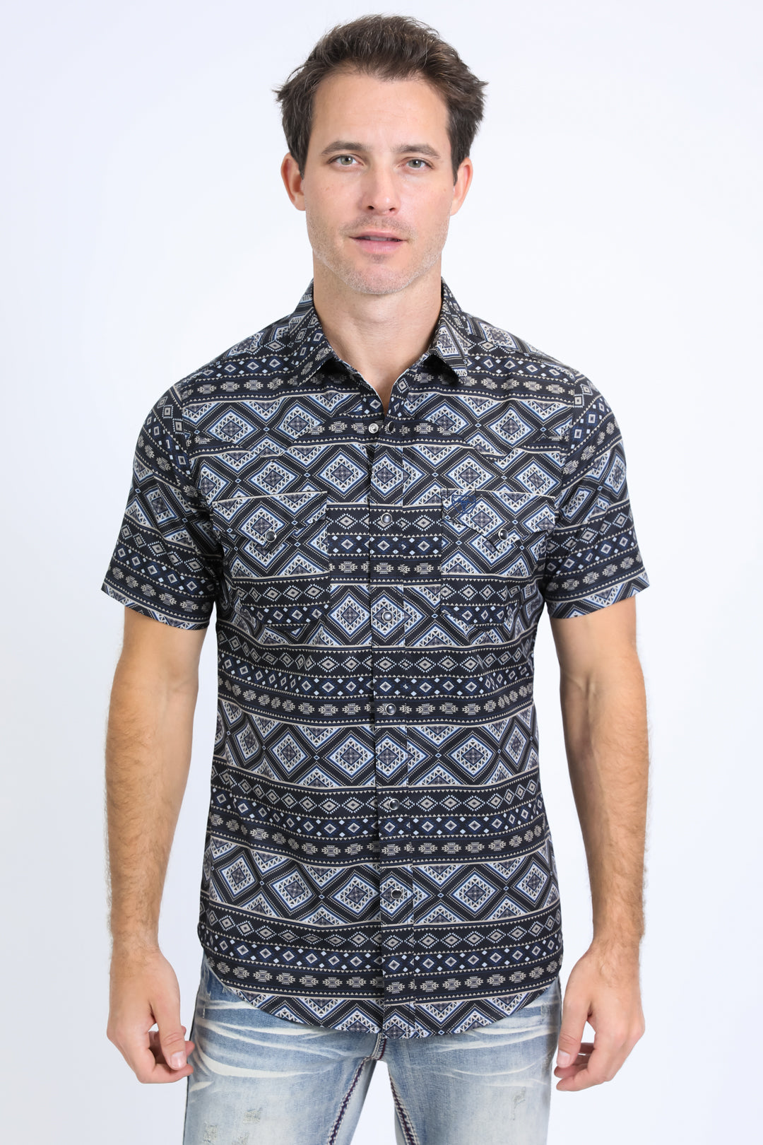 Mens Performance Western Short Sleeve Aztec Print Black Shirt