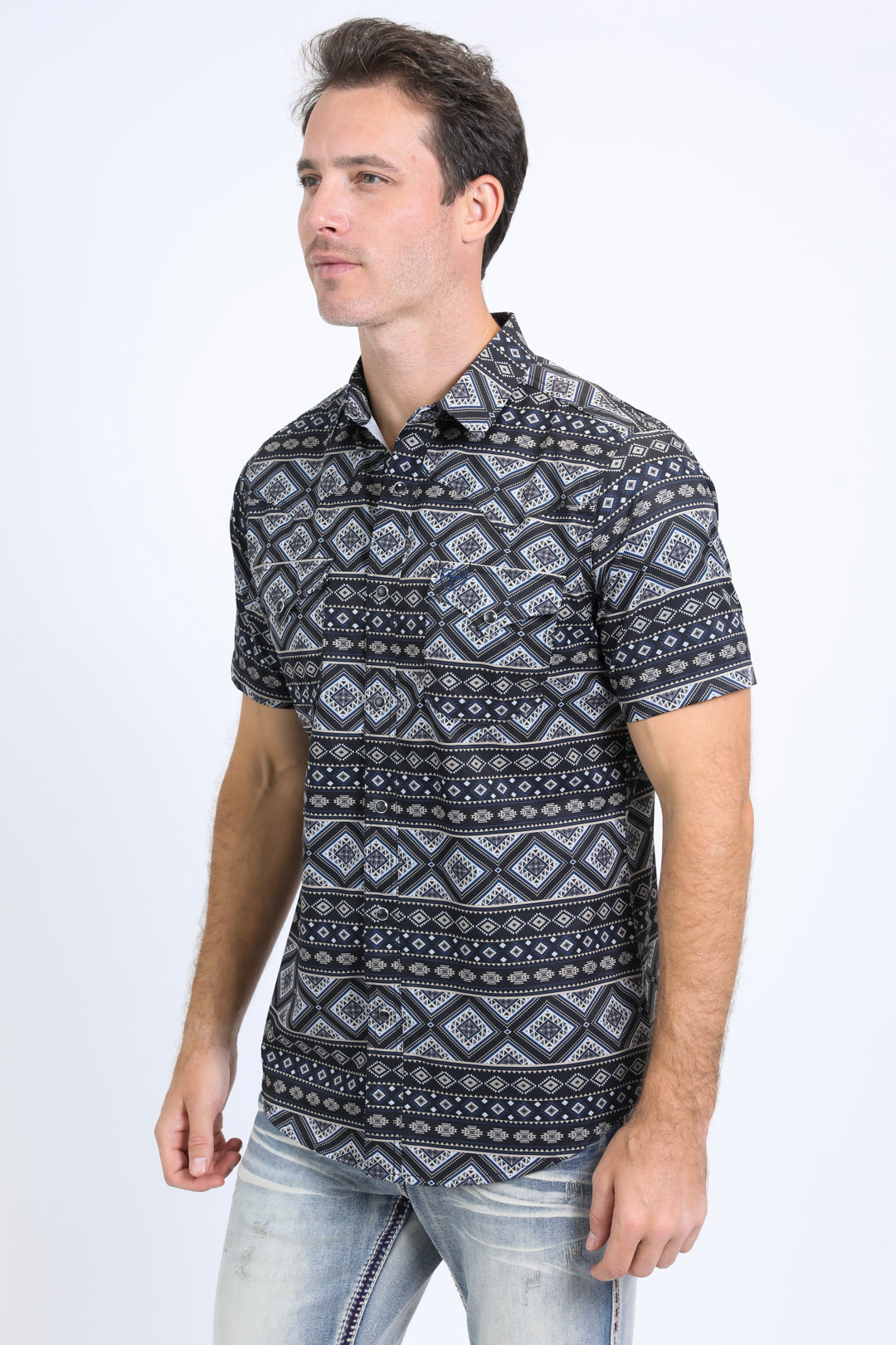 Mens Performance Western Short Sleeve Aztec Print Black Shirt
