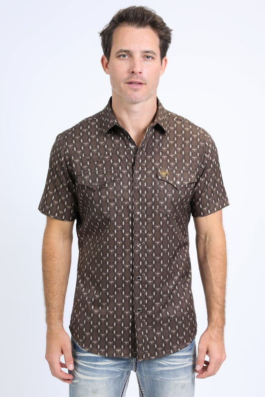Mens Performance Western Short Sleeve Aztec Print Black Shirt
