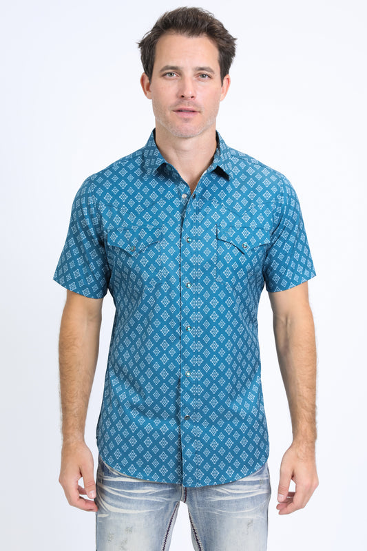 Mens Performance Western Short Sleeve Aztec Print Blue Shirt