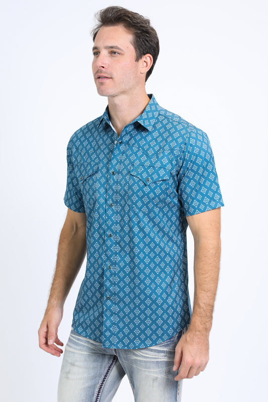 blue heritage aztec western shirt men platini close-up
