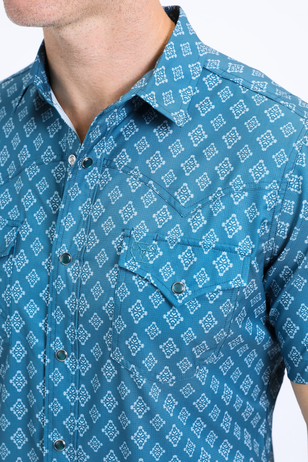 Mens Performance Western Short Sleeve Aztec Print Blue Shirt