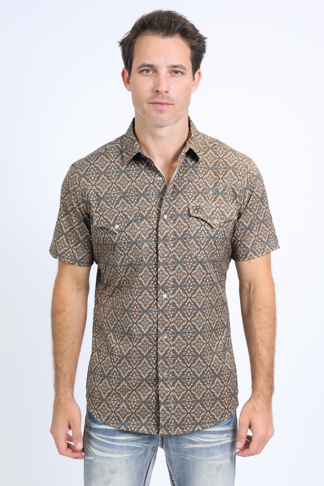 Mens Performance Western Short Sleeve Aztec Print Brown Shirt