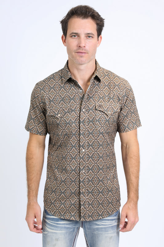 Mens Performance Western Short Sleeve Aztec Print Brown Shirt