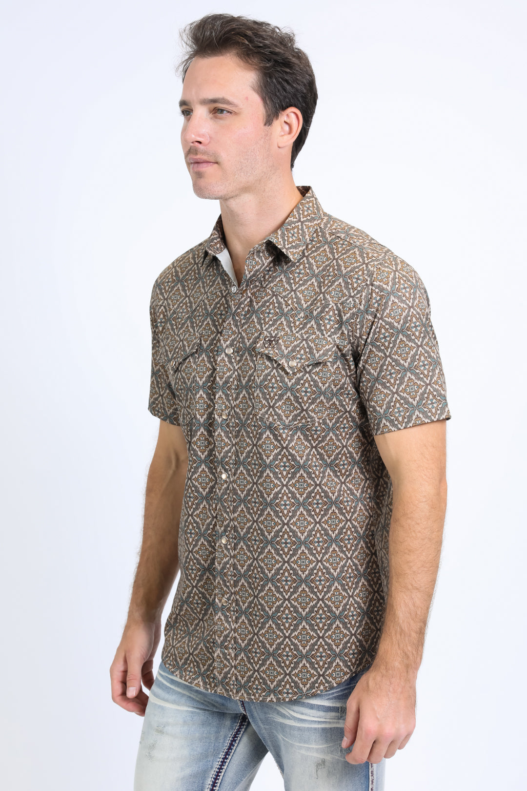 Mens Performance Western Short Sleeve Aztec Print Brown Shirt