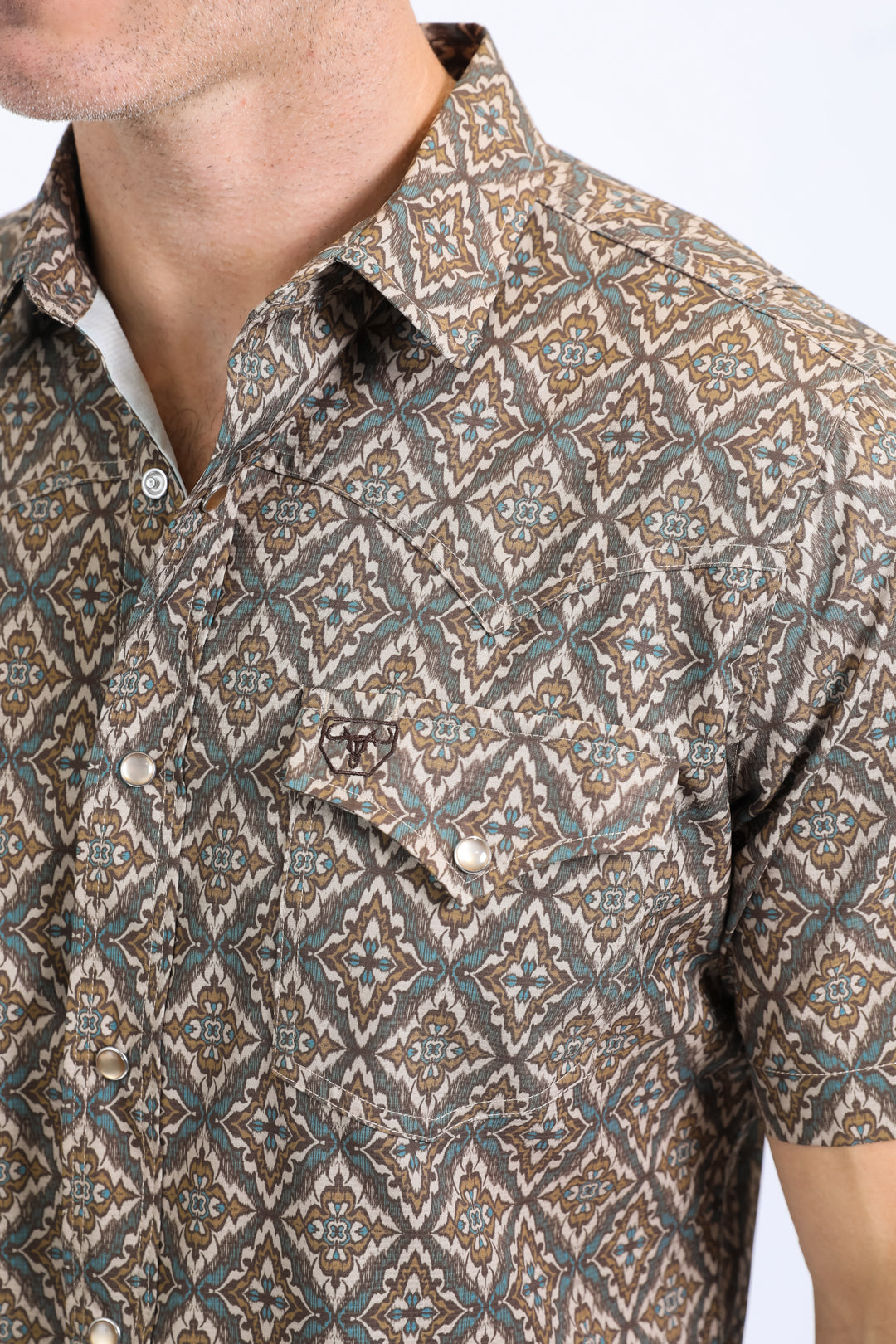 Mens Performance Western Short Sleeve Aztec Print Brown Shirt