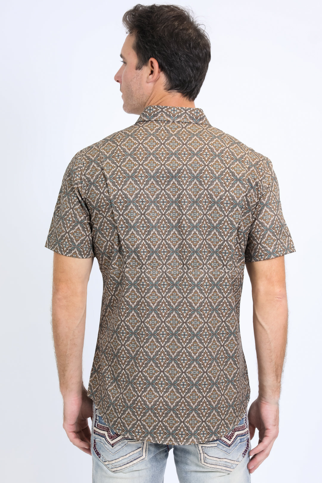 Mens Performance Western Short Sleeve Aztec Print Brown Shirt