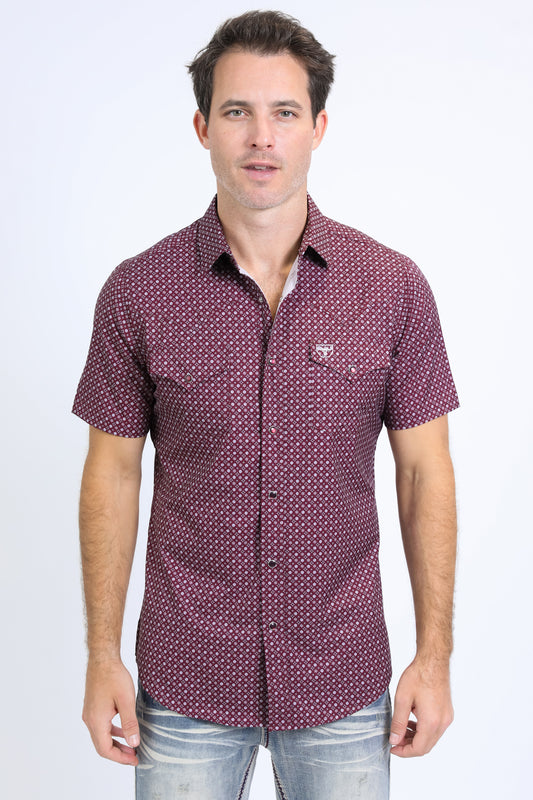 Mens Performance Western Short Sleeve Aztec Print Black/Burgundy Shirt Platini Fashion Mens Performance Western Short Sleeve Aztec Print Black/Burgundy Shirt Platini Fashion