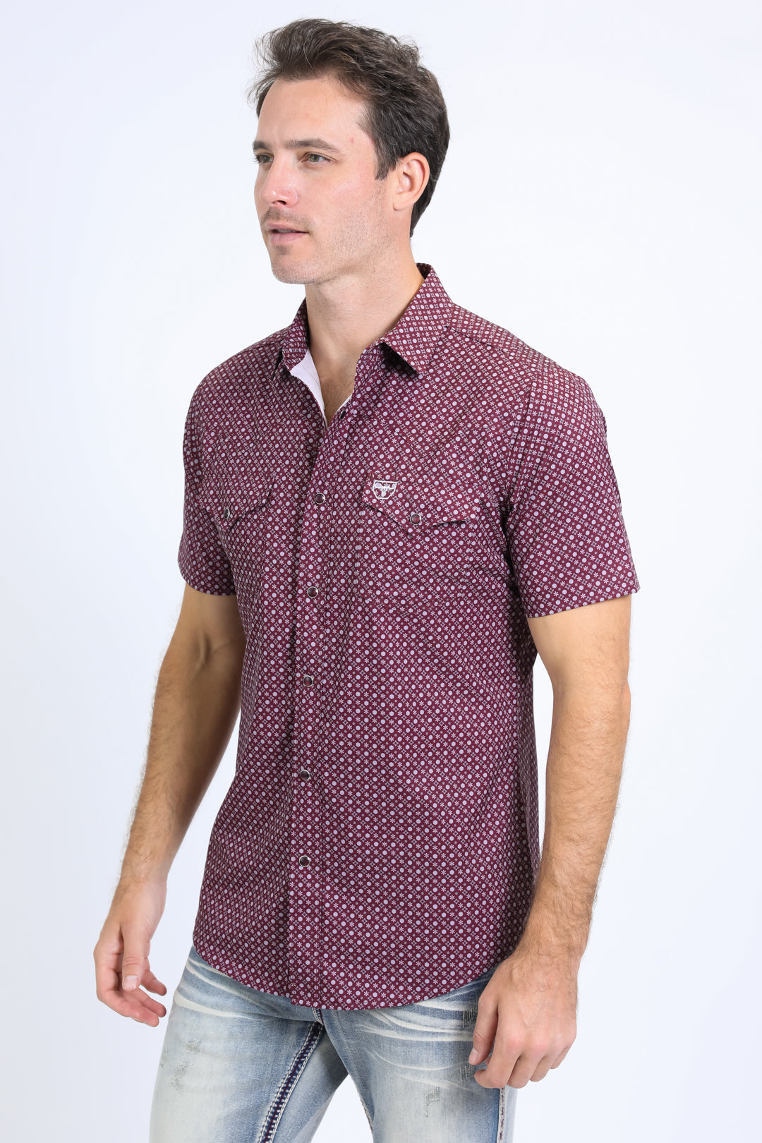 Mens Performance Western Short Sleeve Aztec Print Burgundy Shirt