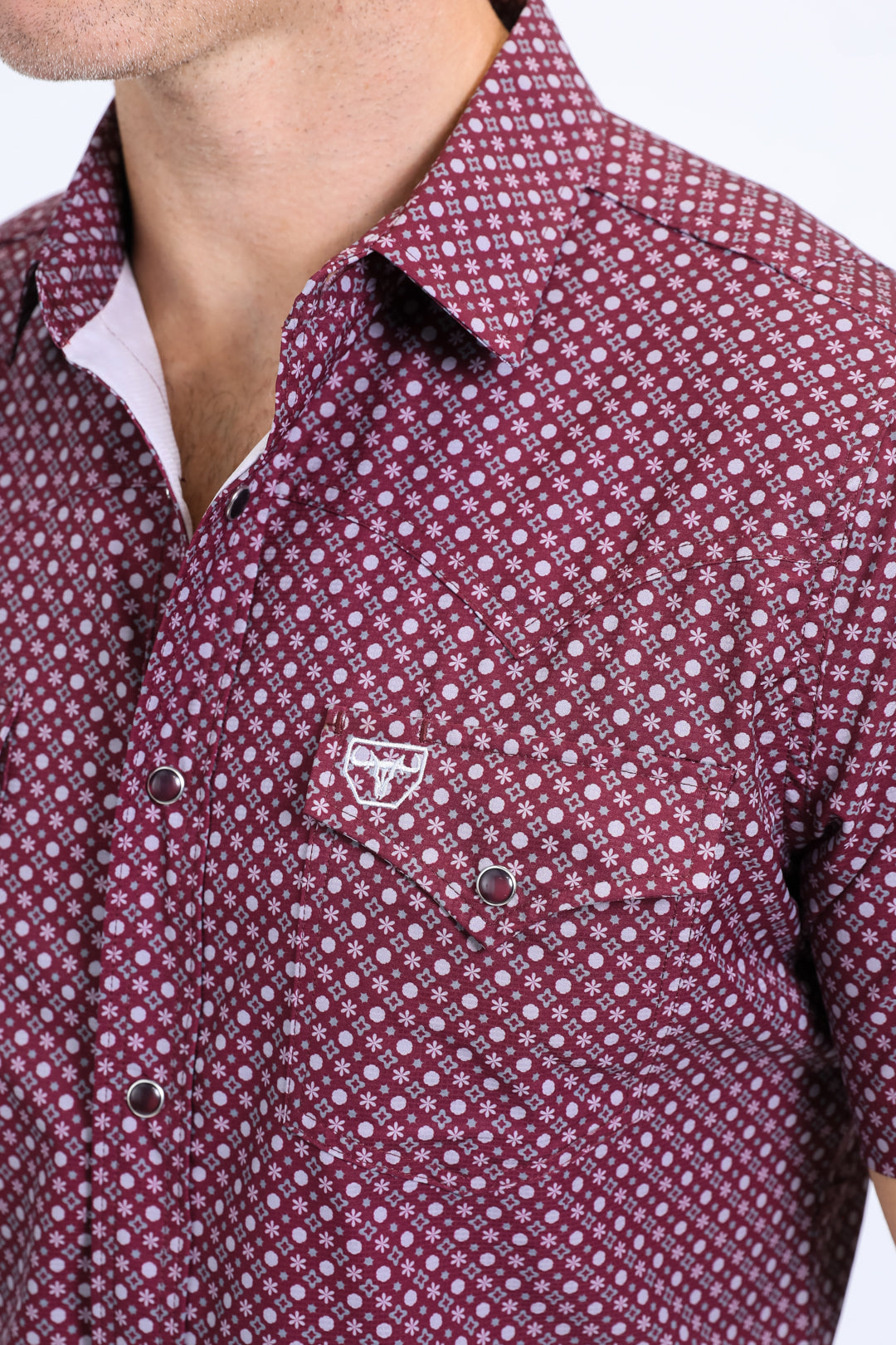 Mens Performance Western Short Sleeve Aztec Print Burgundy Shirt