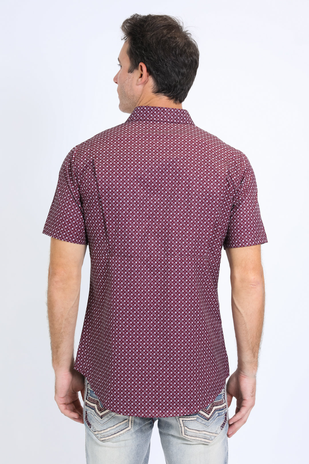 Mens Performance Western Short Sleeve Aztec Print Burgundy Shirt
