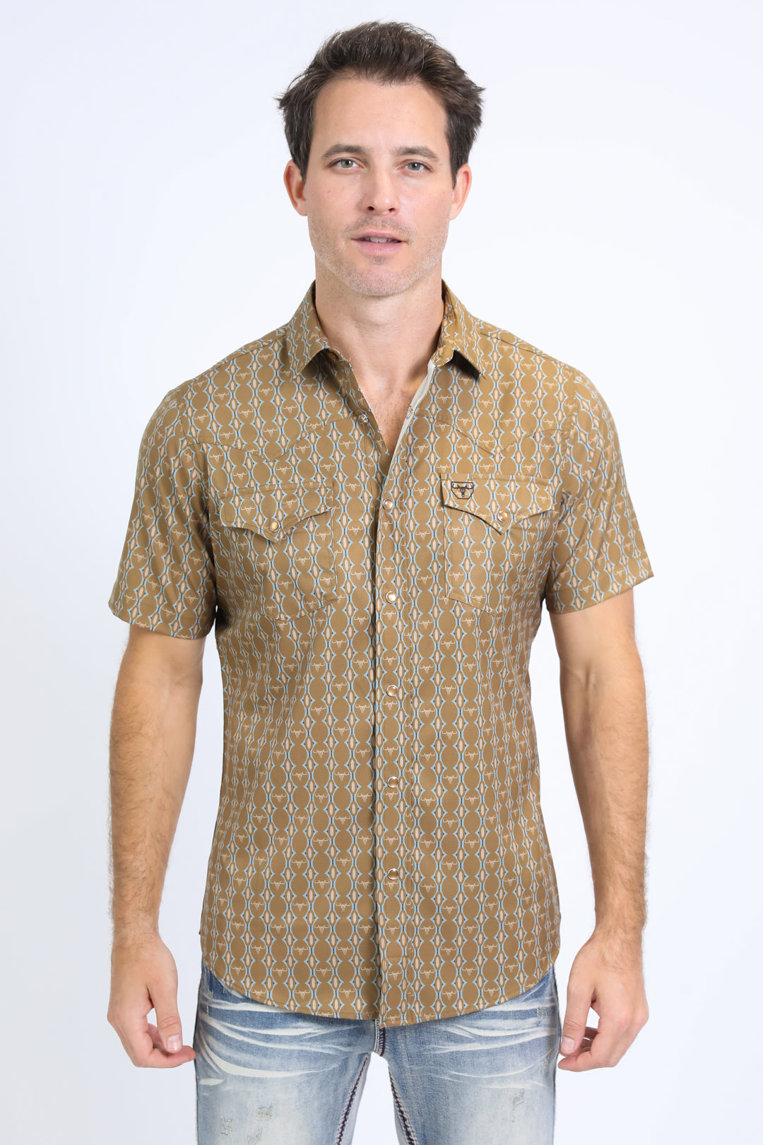 Mens Performance Western Short Sleeve Aztec Print Camel Shirt
