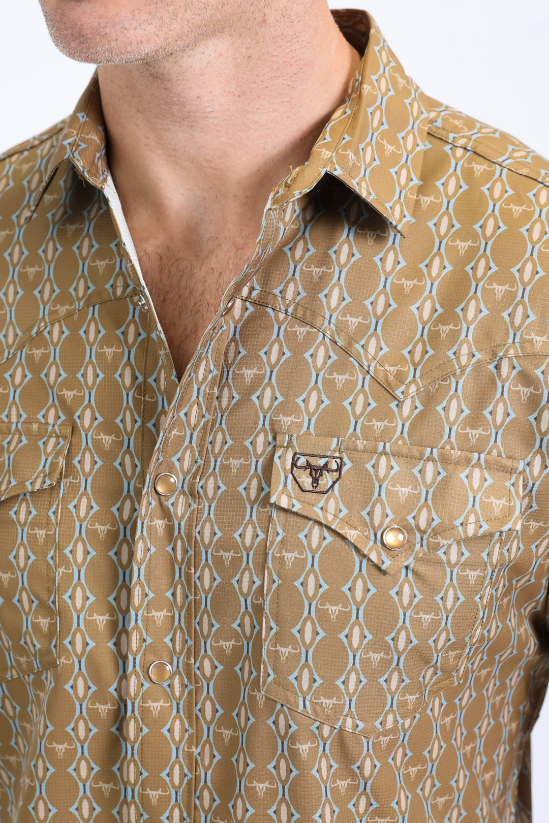 Mens Performance Western Short Sleeve Aztec Print Camel Shirt