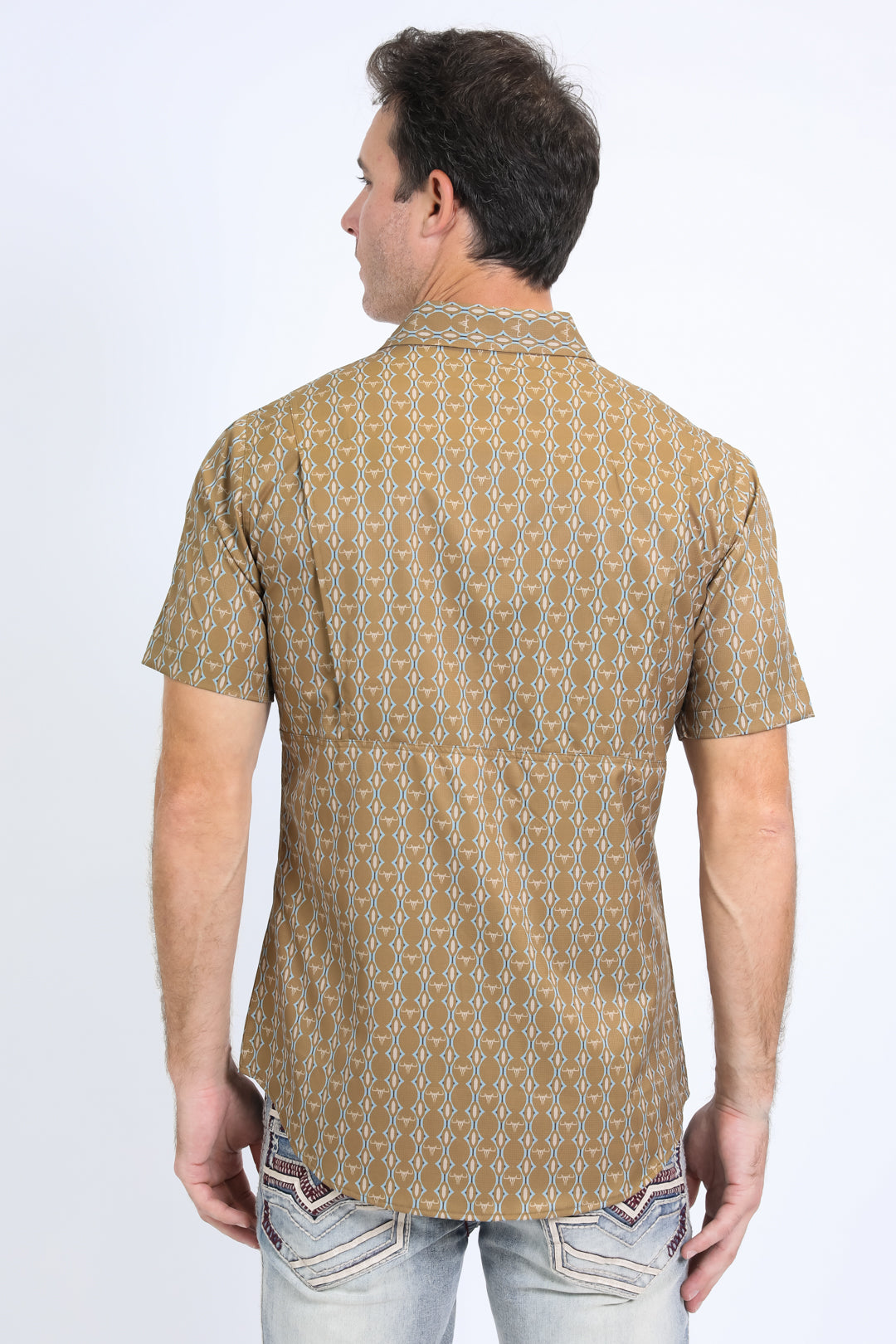 Mens Performance Western Short Sleeve Aztec Print Camel Shirt