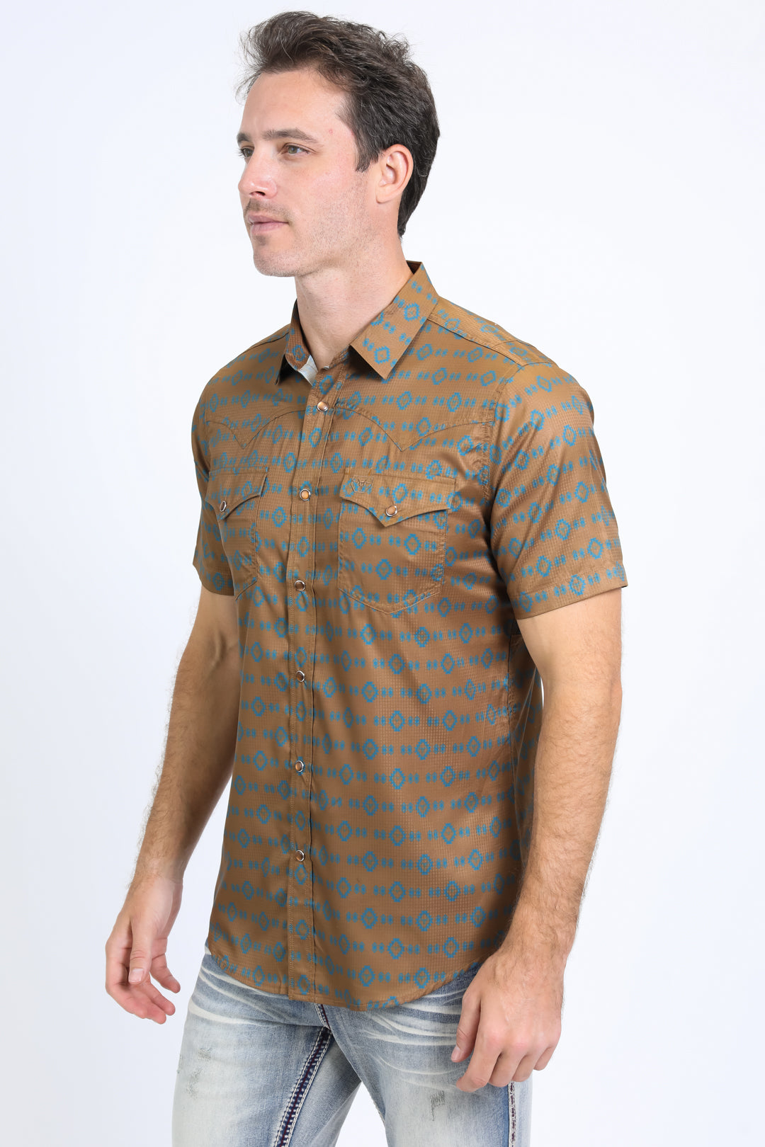 Mens Performance Western Short Sleeve Aztec Print Camel Shirt