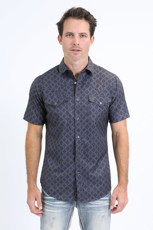 Mens Performance Western Short Sleeve Aztec Print Charcoal Shirt