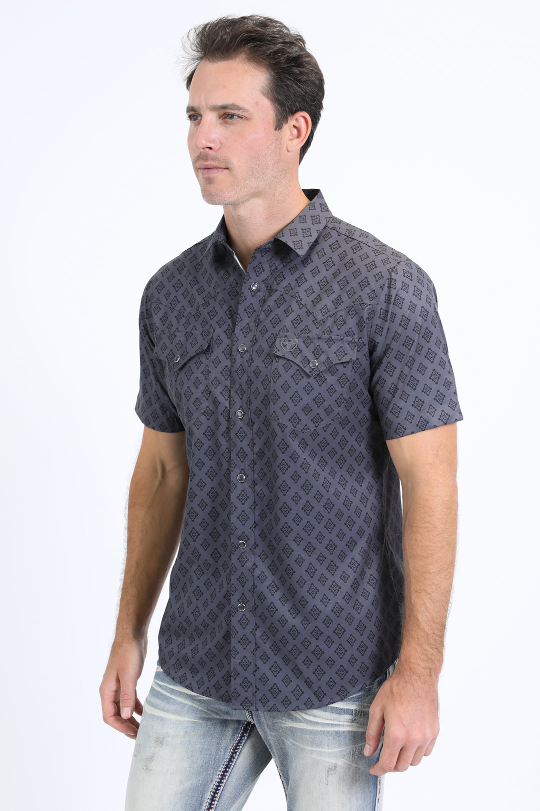 Mens Performance Western Short Sleeve Aztec Print Charcoal Shirt