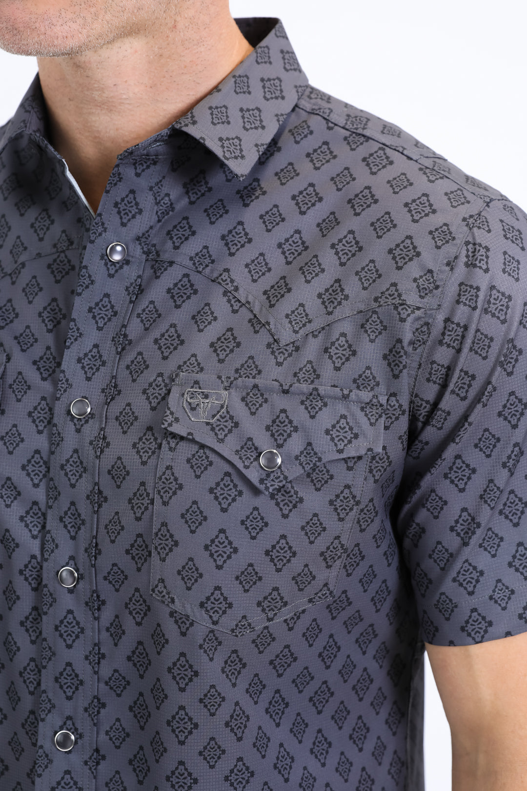 Mens Performance Western Short Sleeve Aztec Print Charcoal Shirt