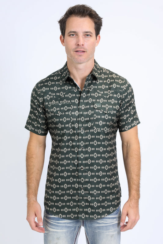 Mens Performance Western Short Sleeve Aztec Print Green Shirt