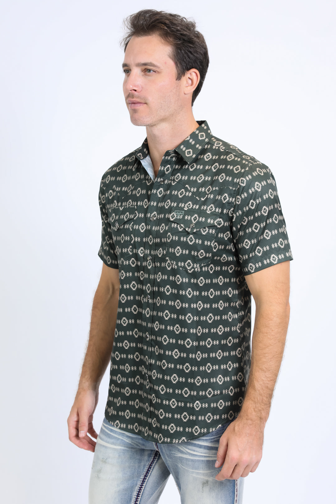 Mens Performance Western Short Sleeve Aztec Print Green Shirt
