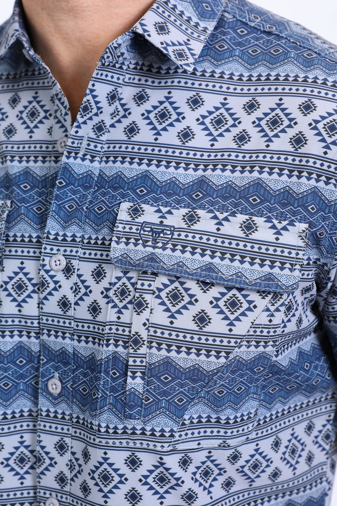 Mens Performance Western Short Sleeve Aztec Print Grey Shirt