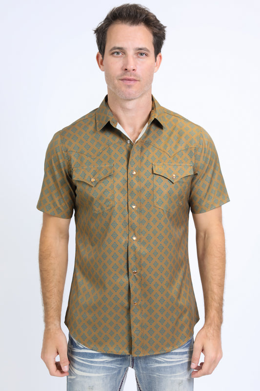Mens Performance Western Short Sleeve Aztec Print Khaki Shirt