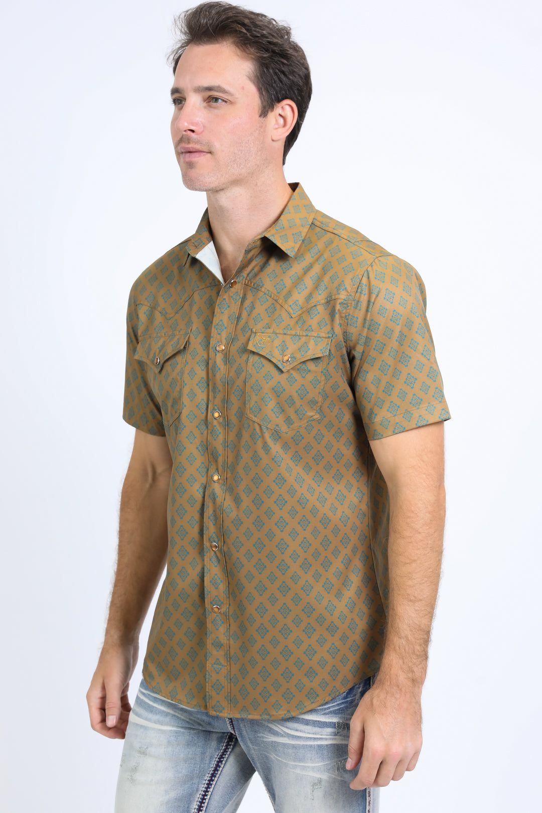 Mens Performance Western Short Sleeve Aztec Print Khaki Shirt