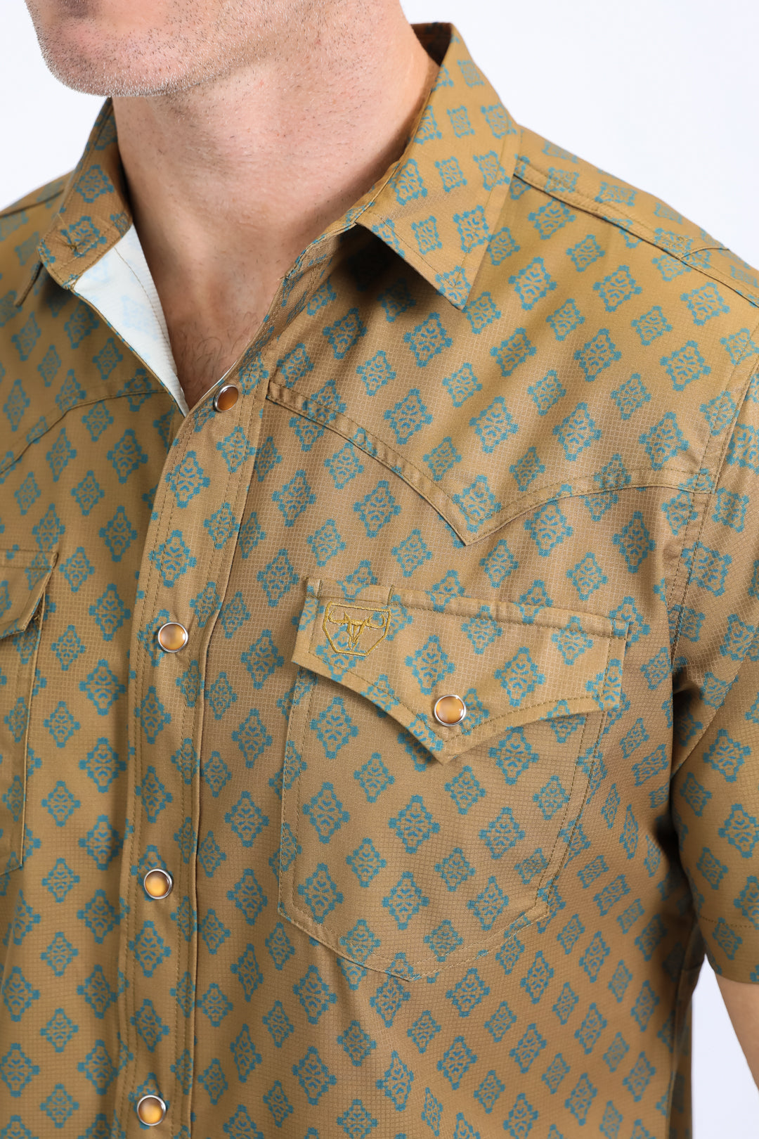 Mens Performance Western Short Sleeve Aztec Print Khaki Shirt