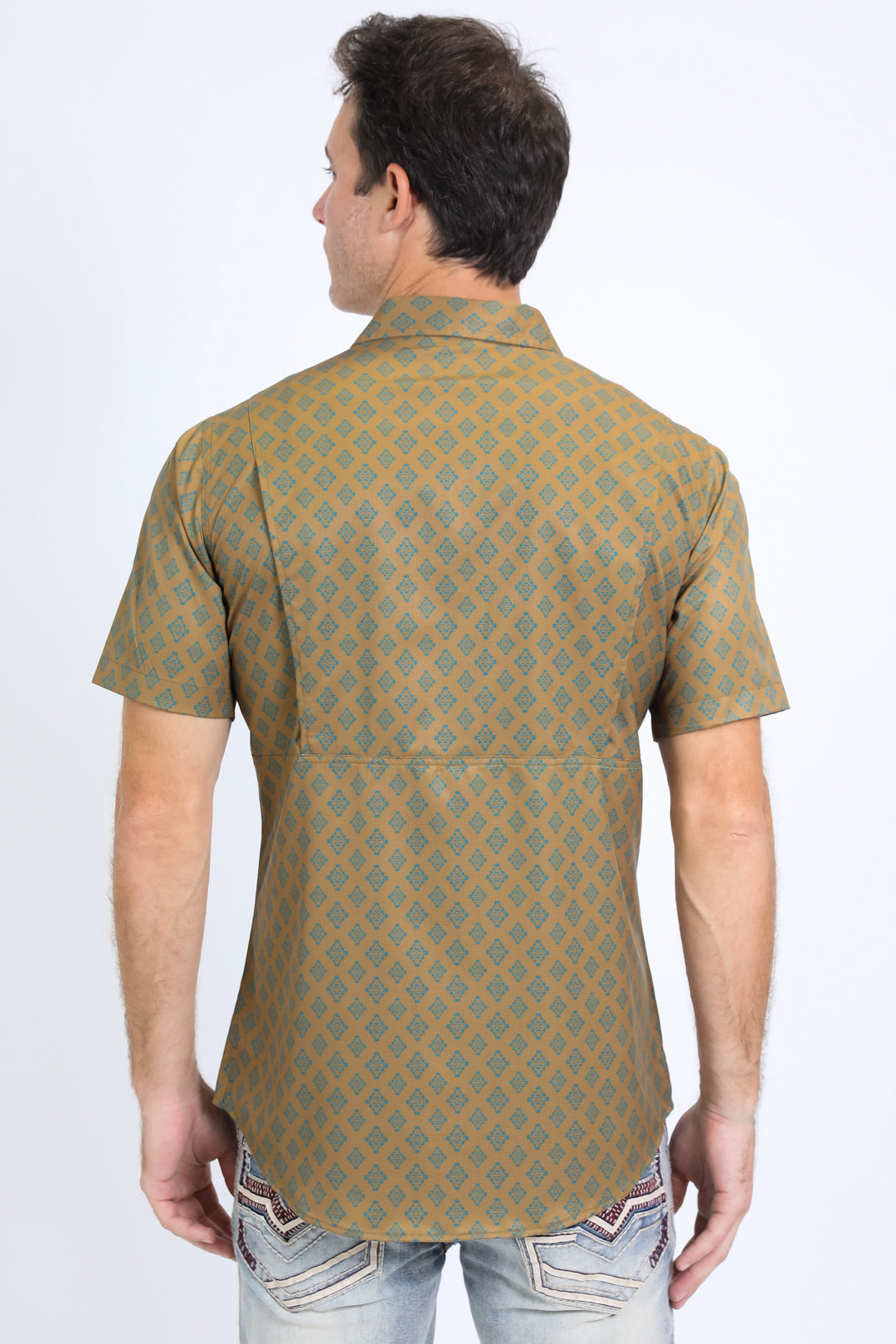 Mens Performance Western Short Sleeve Aztec Print Khaki Shirt