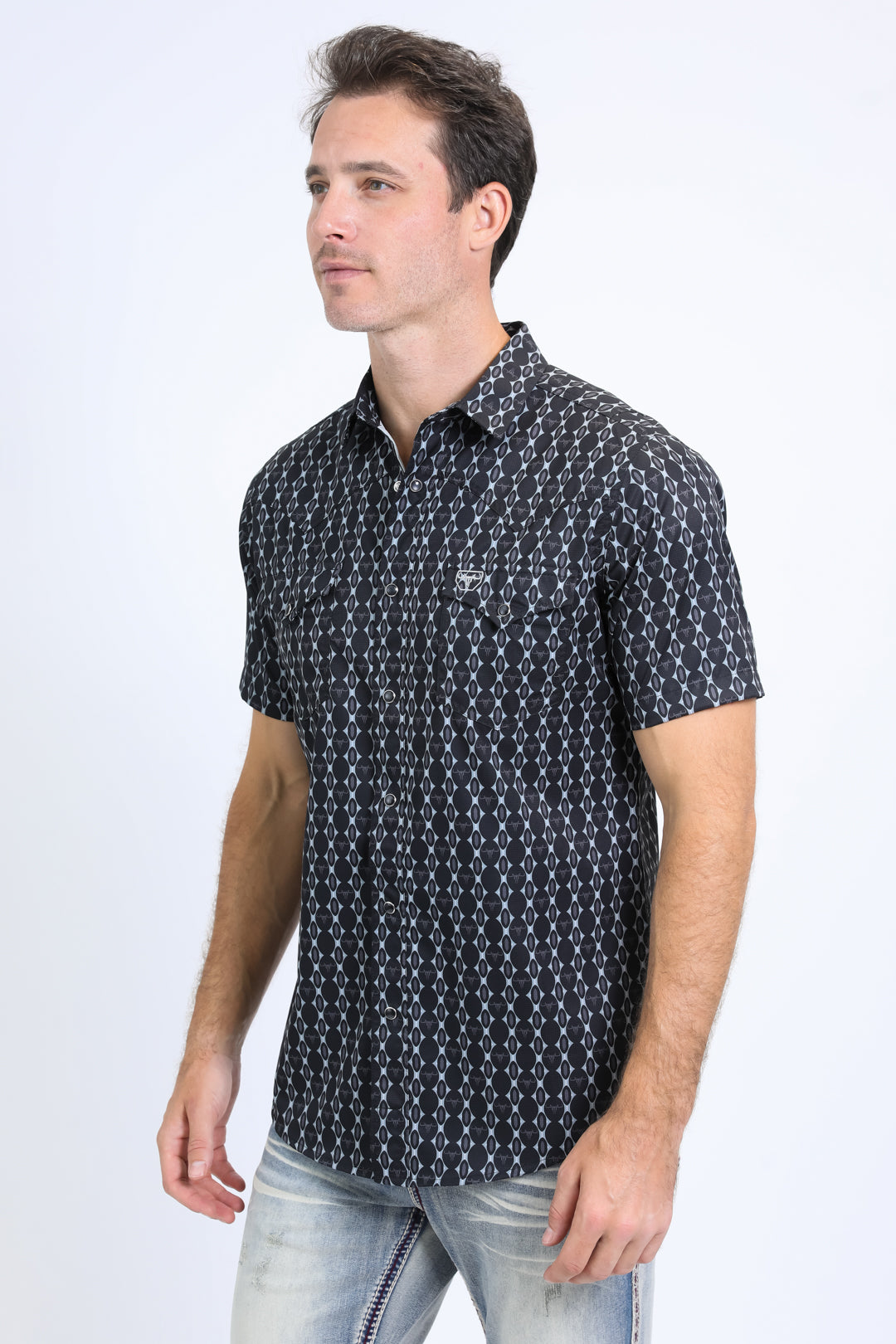 Mens Performance Western Short Sleeve Aztec Print Navy Shirt