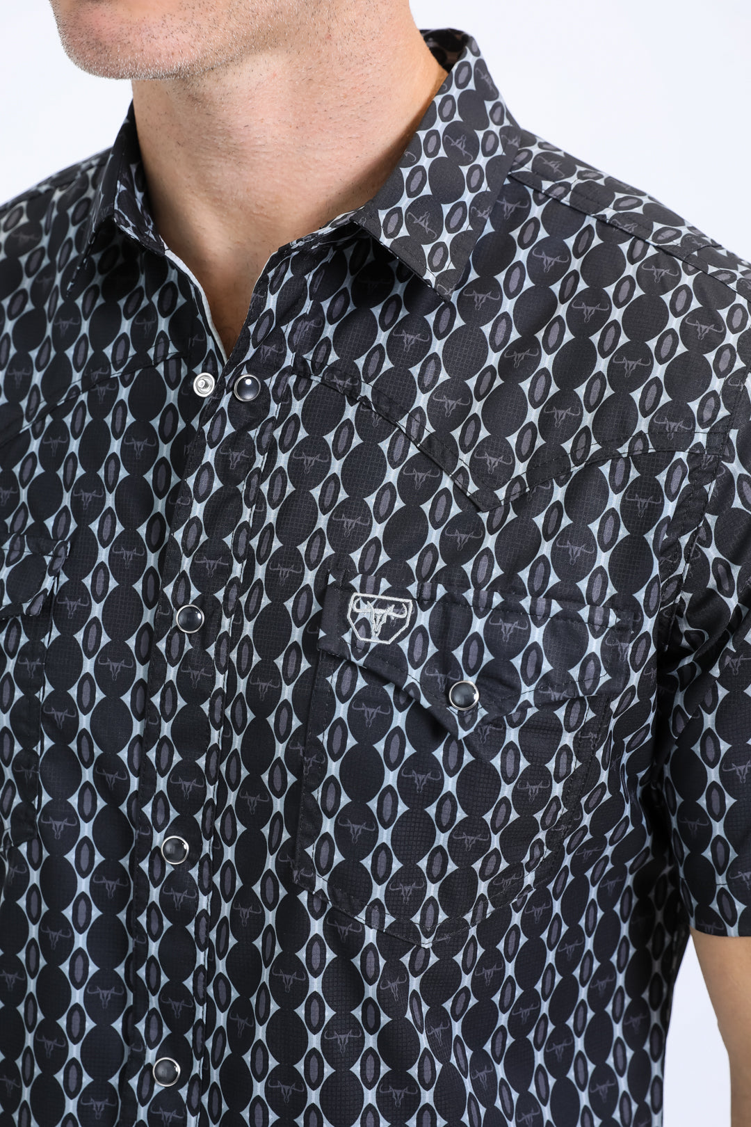 Mens Performance Western Short Sleeve Aztec Print Navy Shirt