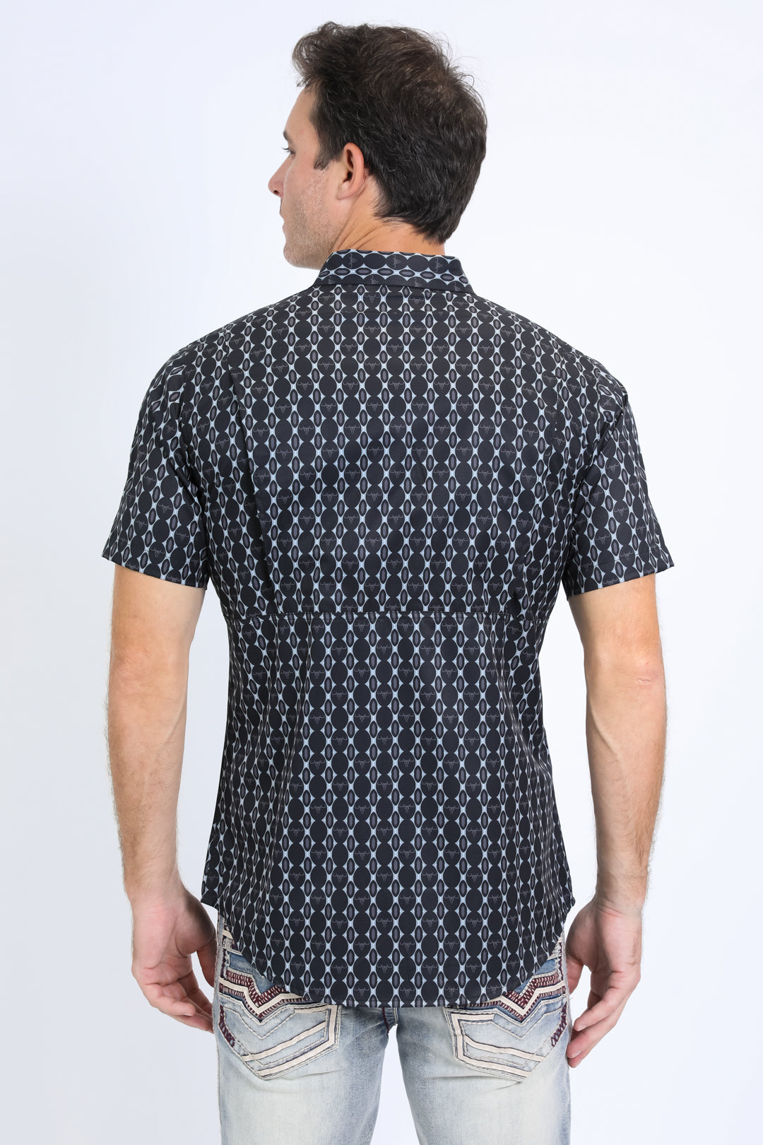 Mens Performance Western Short Sleeve Aztec Print Navy Shirt