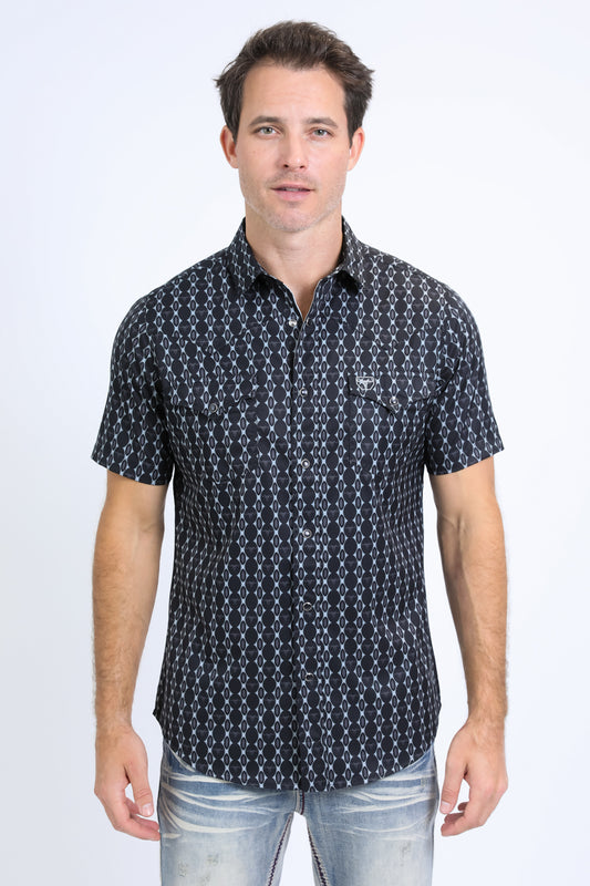 Mens Performance Western Short Sleeve Aztec Print Navy Shirt
