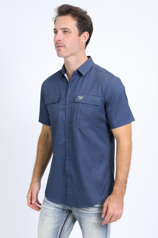 Man wearing a navy western aztec performance shirt side
