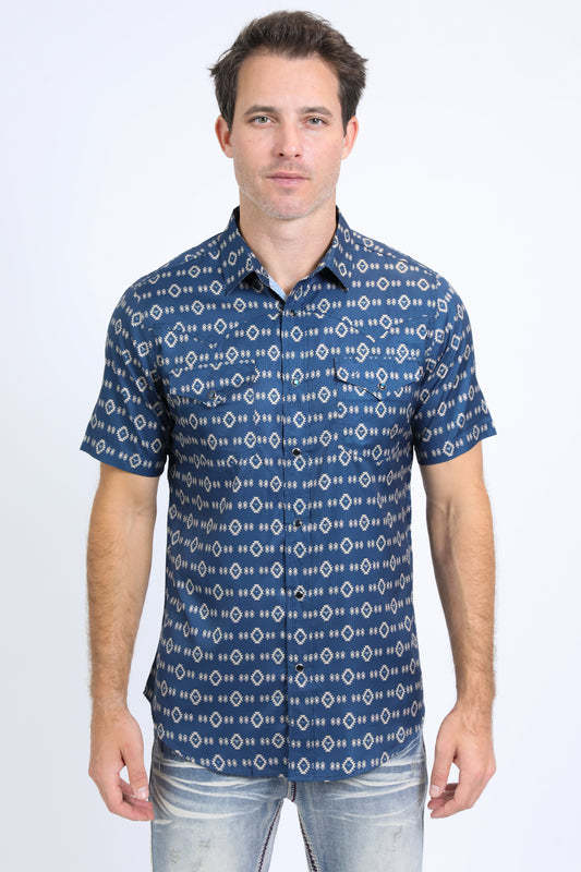 Mens Performance Western Short Sleeve Aztec Print Navy Shirt