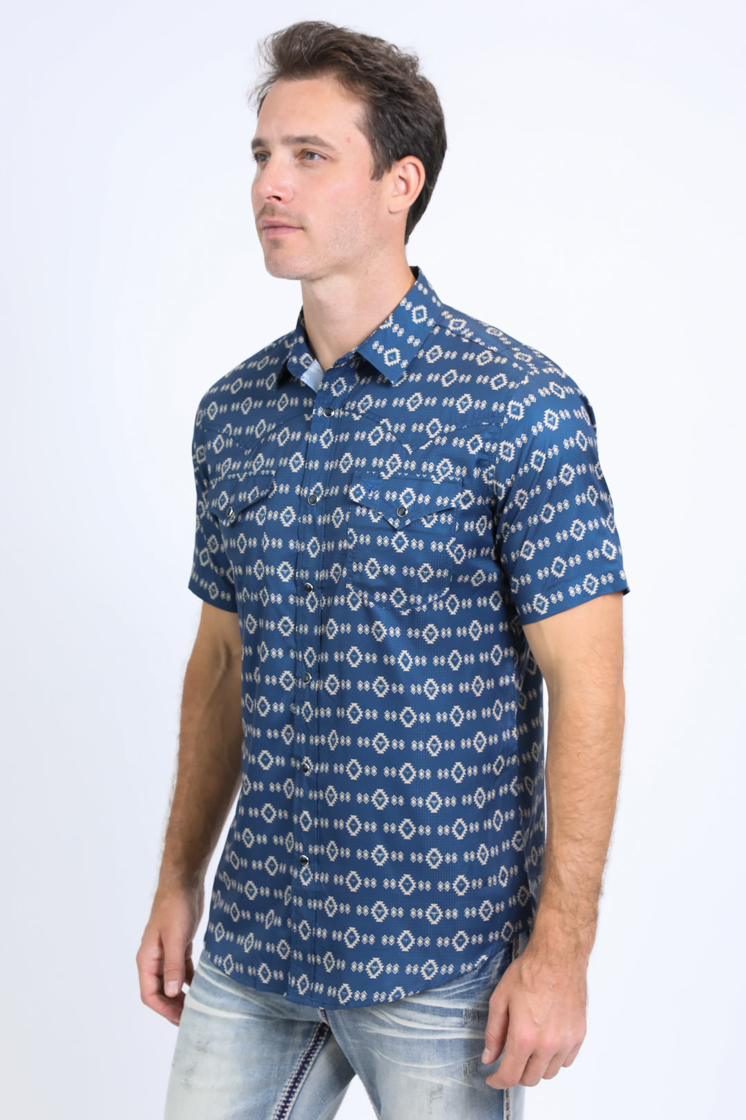 Mens Performance Western Short Sleeve Aztec Print Navy Shirt