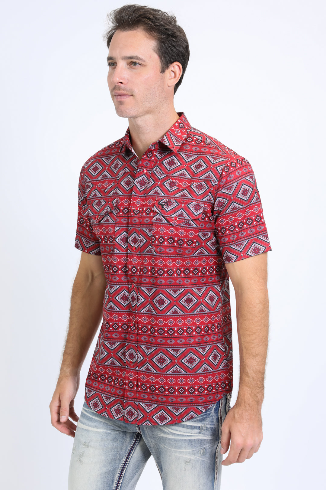 Mens Performance Western Short Sleeve Aztec Print Red Shirt