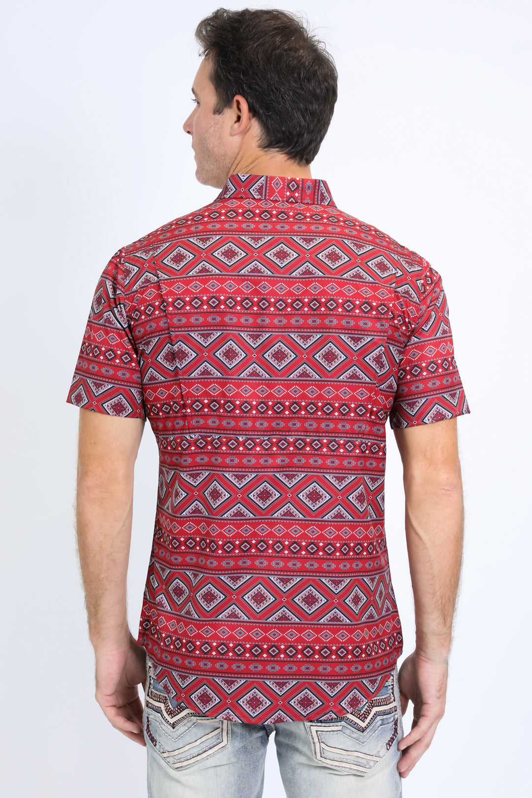 Mens Performance Western Short Sleeve Aztec Print Red Shirt