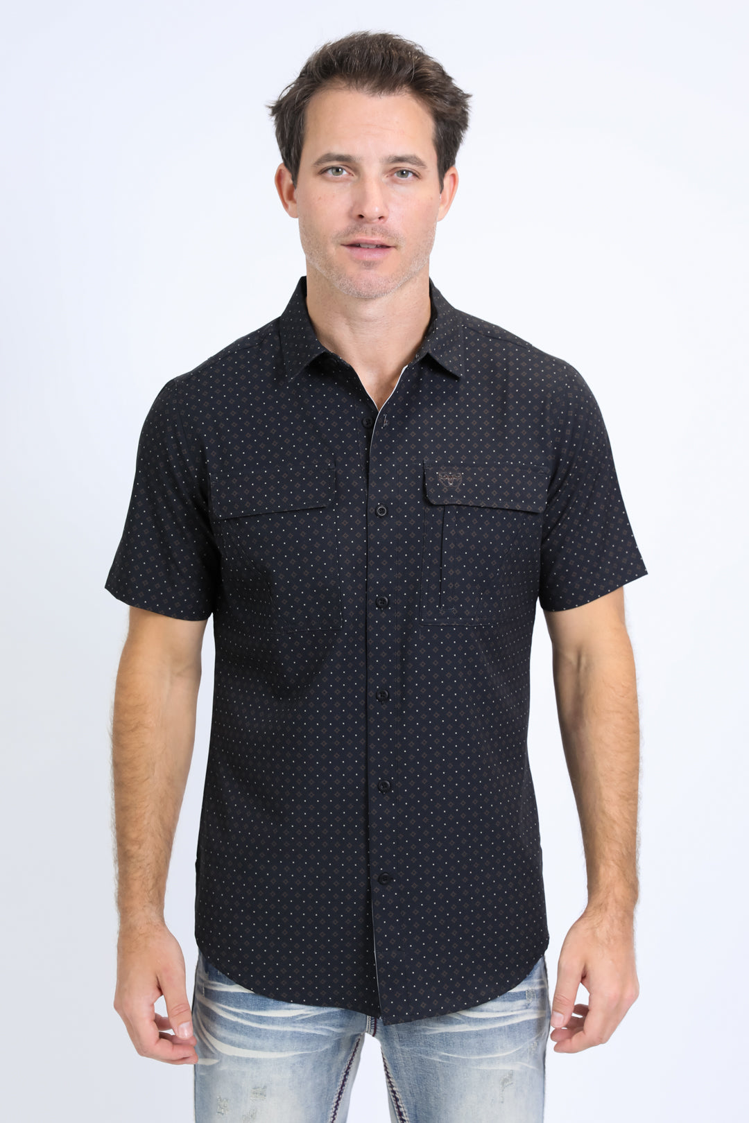 Mens Performance Western Short Sleeve Aztec Print Black Shirt