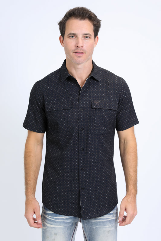 Mens Performance Western Short Sleeve Aztec Print Black Shirt