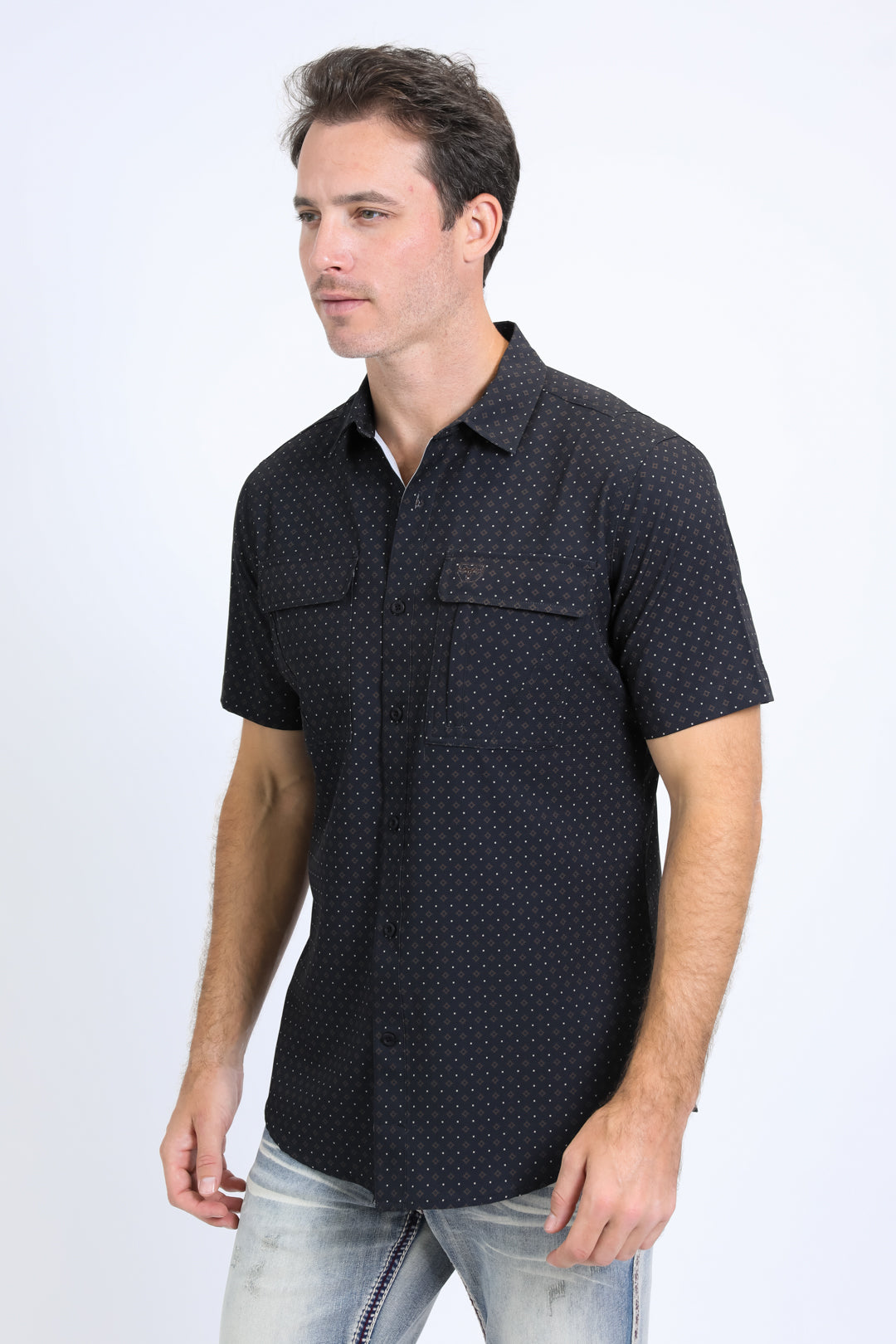 Mens Performance Western Short Sleeve Aztec Print Black Shirt