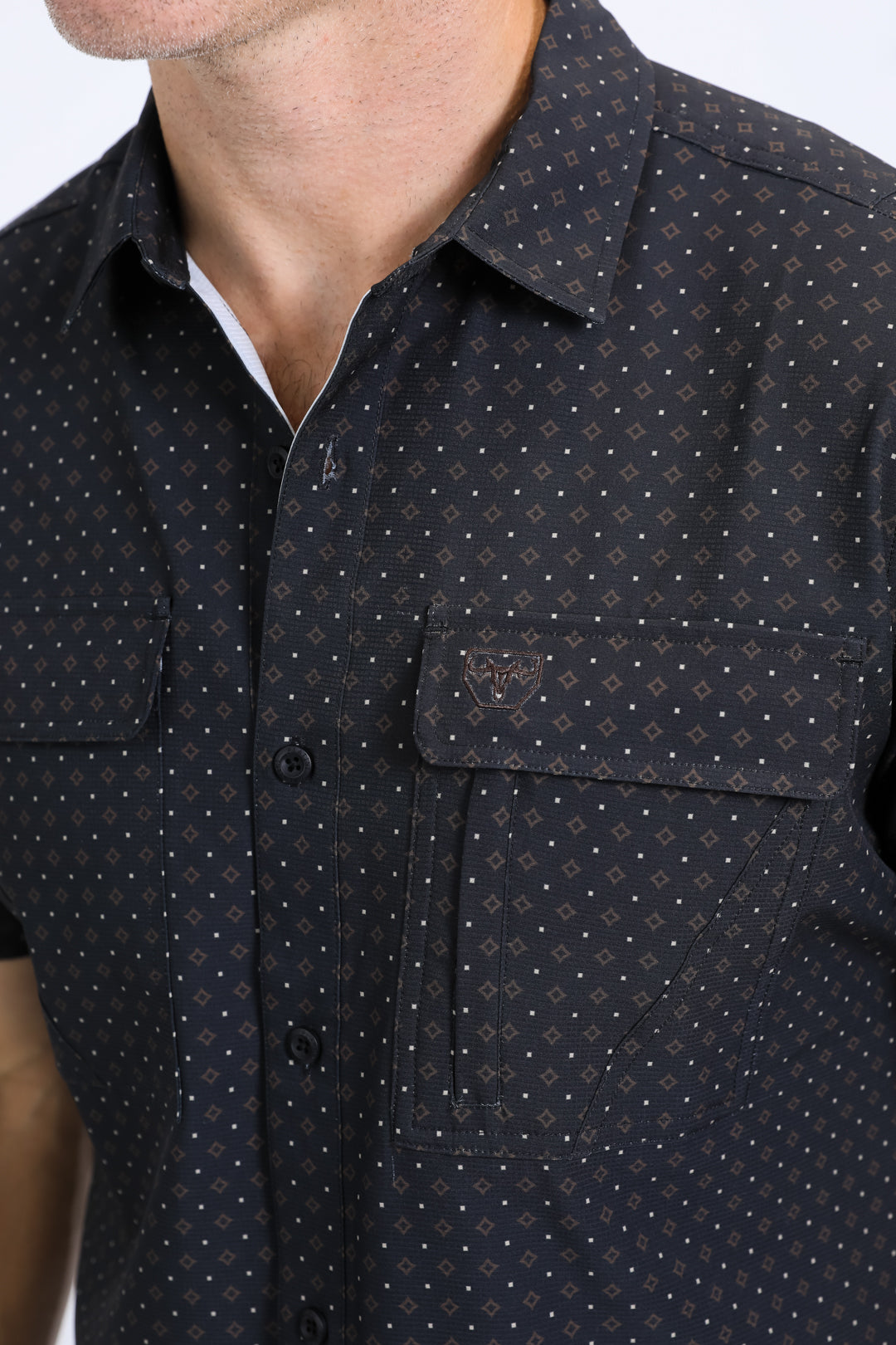 Mens Performance Western Short Sleeve Aztec Print Black Shirt
