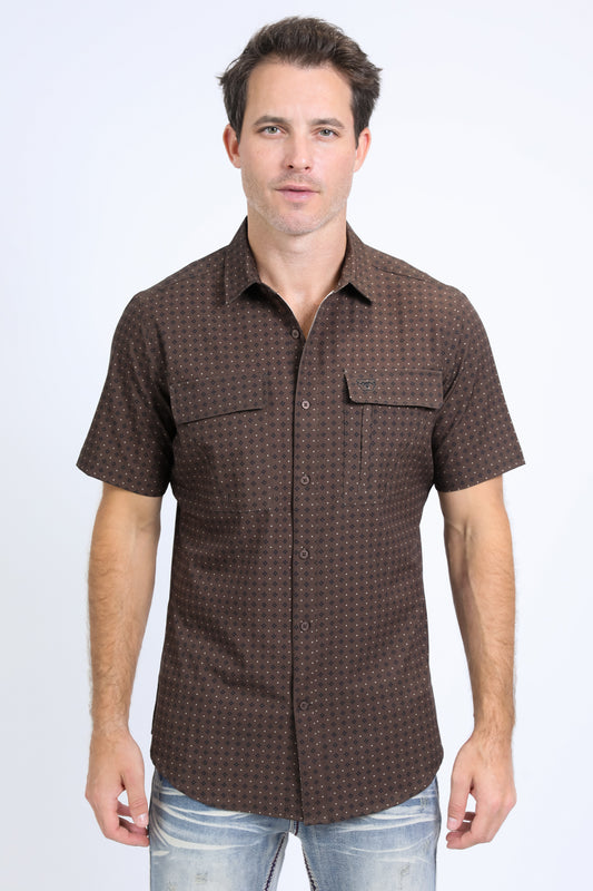 Mens Performance Western Short Sleeve Aztec Print Brown Shirt