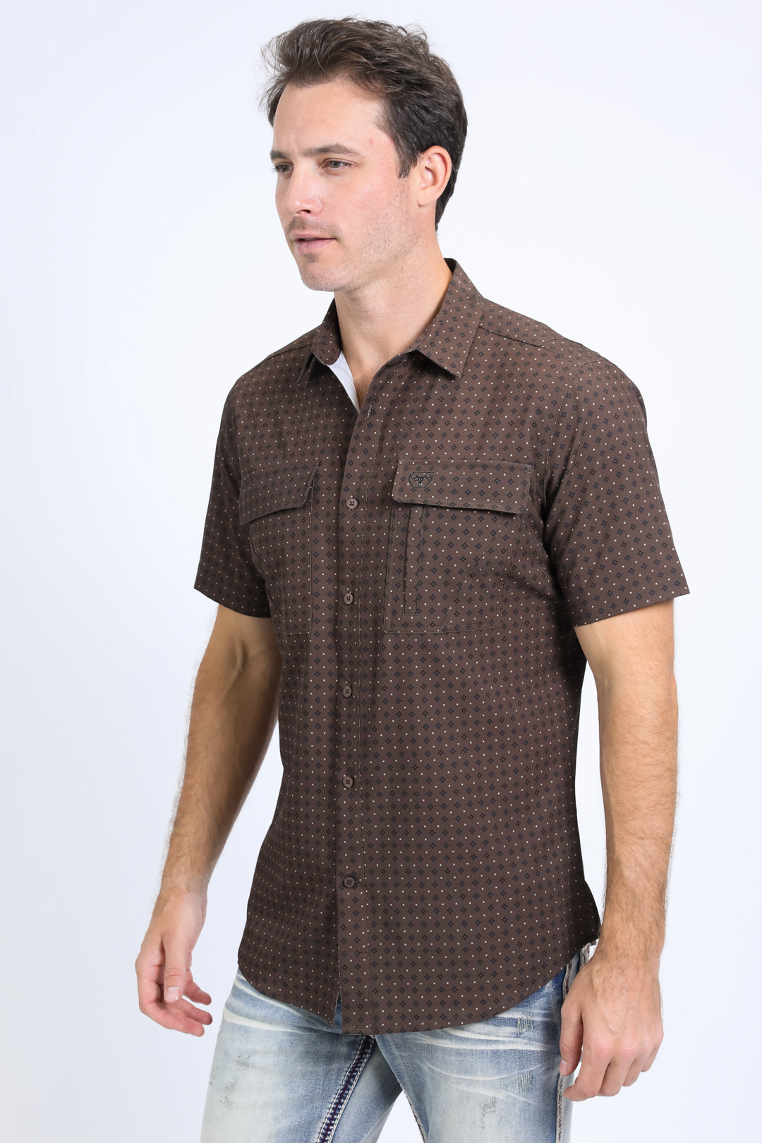 Mens Performance Western Short Sleeve Aztec Print Brown Shirt