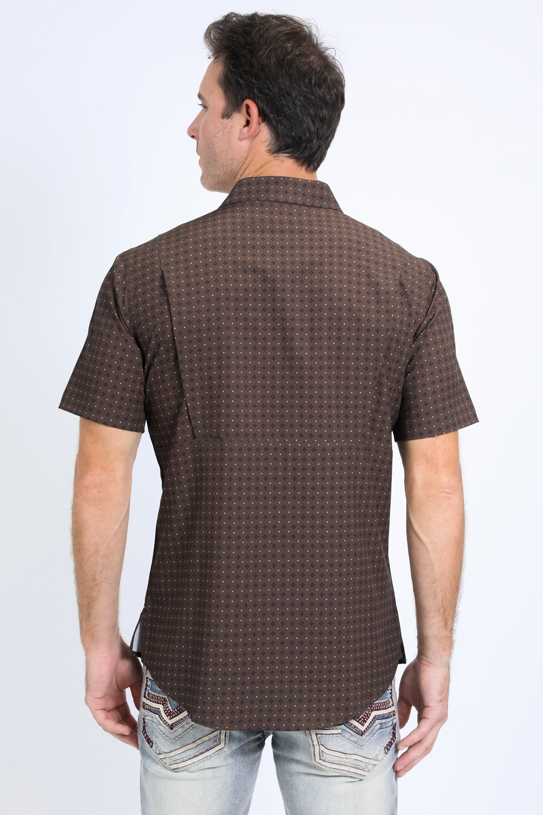 Mens Performance Western Short Sleeve Aztec Print Brown Shirt