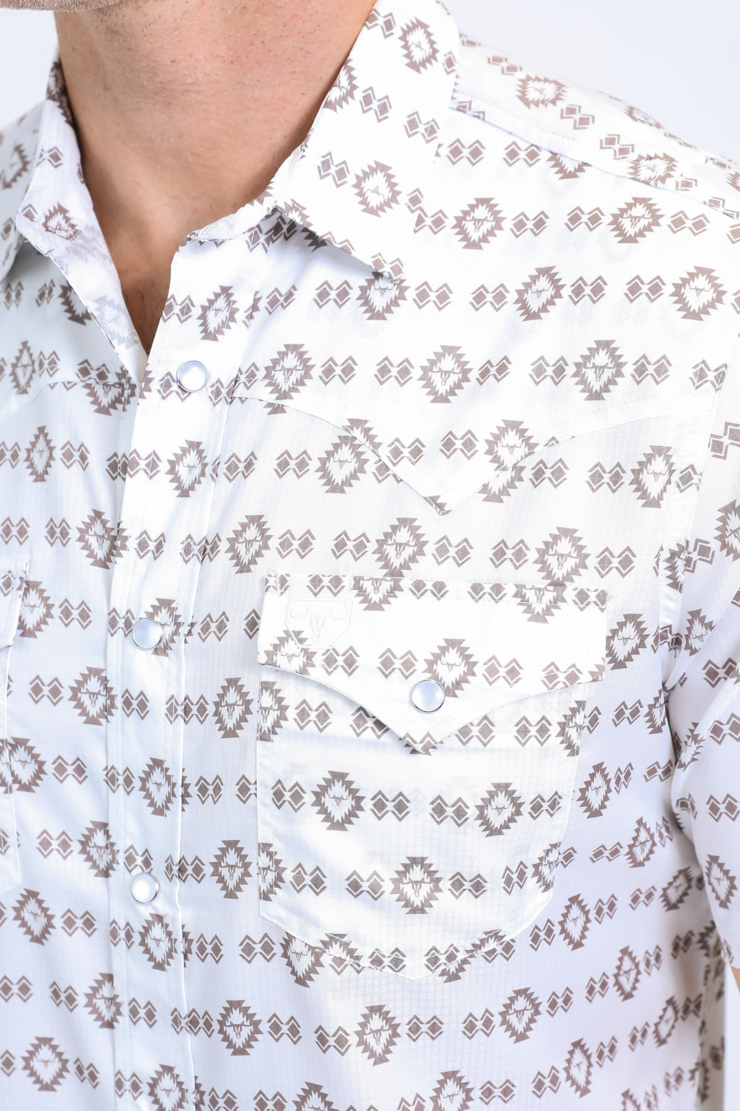 Mens Performance Western Short Sleeve Aztec Print White Shirt