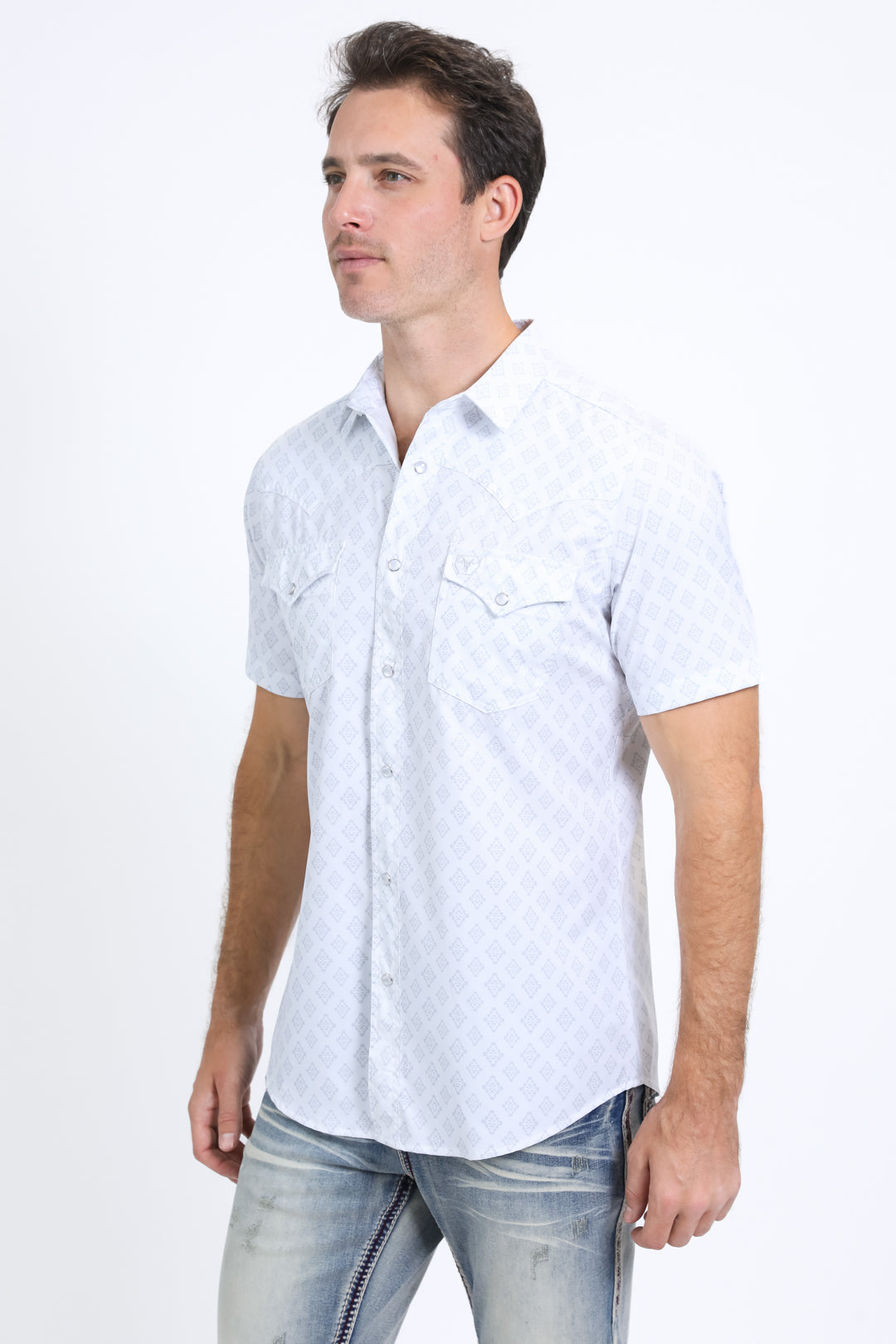 Mens Performance Western Short Sleeve Aztec Print White Shirt