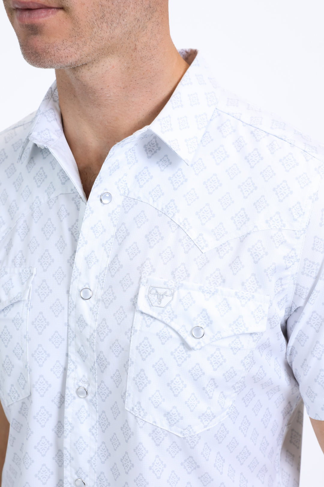 Mens Performance Western Short Sleeve Aztec Print White Shirt