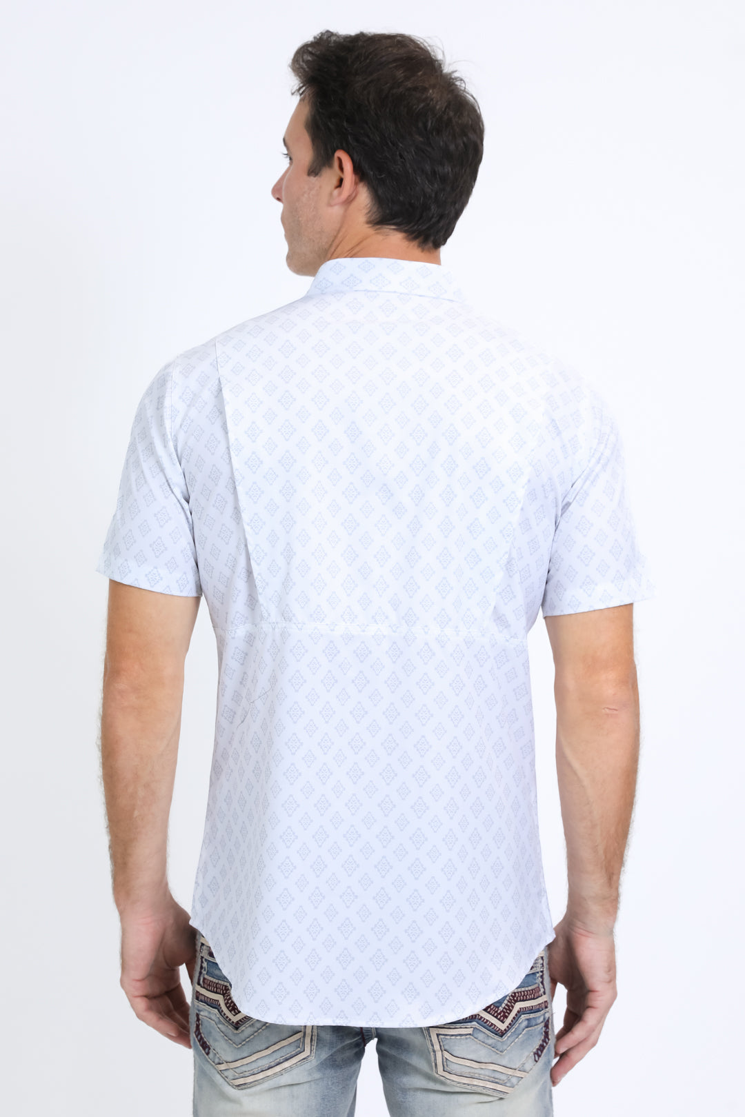 Mens Performance Western Short Sleeve Aztec Print White Shirt