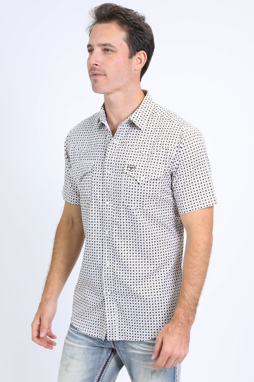 Mens Performance Western Short Sleeve Aztec Print White Shirt
